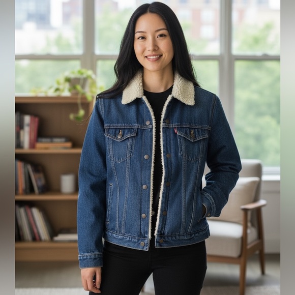 EUC Levi’s Vintage Jean Jacket, Sherpa collar, Medium wash, Denim, Sz L, Classic - Picture 1 of 12